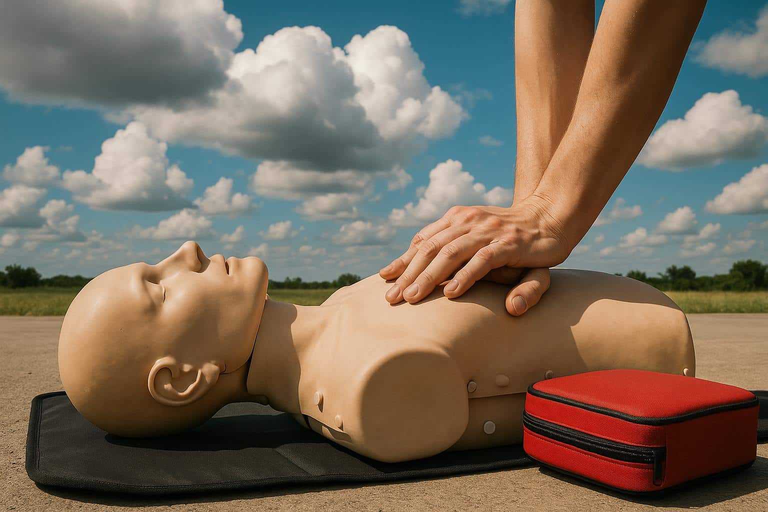Hands practicing CPR chest compressions on a training mannequin in a classroom setting