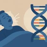 Illustration of genetic factors influencing sleep apnea with DNA strands and sleep symbols