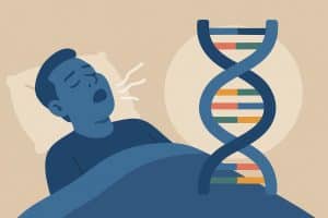 Illustration of genetic factors influencing sleep apnea with DNA strands and sleep symbols