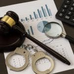 White collar crime investigation concept with documents, handcuffs, and financial charts