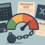 Credit score report with downward arrow and financial documents highlighting score reduction factors