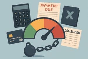 Credit score report with downward arrow and financial documents highlighting score reduction factors