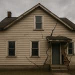 Cracked foundation and damaged walls indicating structural problems in an aging residential home