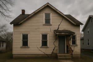 Cracked foundation and damaged walls indicating structural problems in an aging residential home