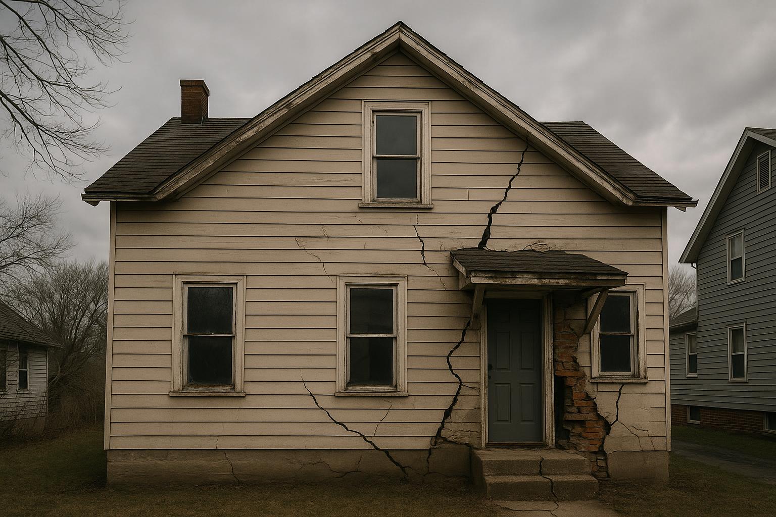 Cracked foundation and damaged walls indicating structural problems in an aging residential home