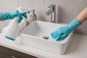 Modern bathroom with sparkling clean tiles and innovative cleaning products on countertop