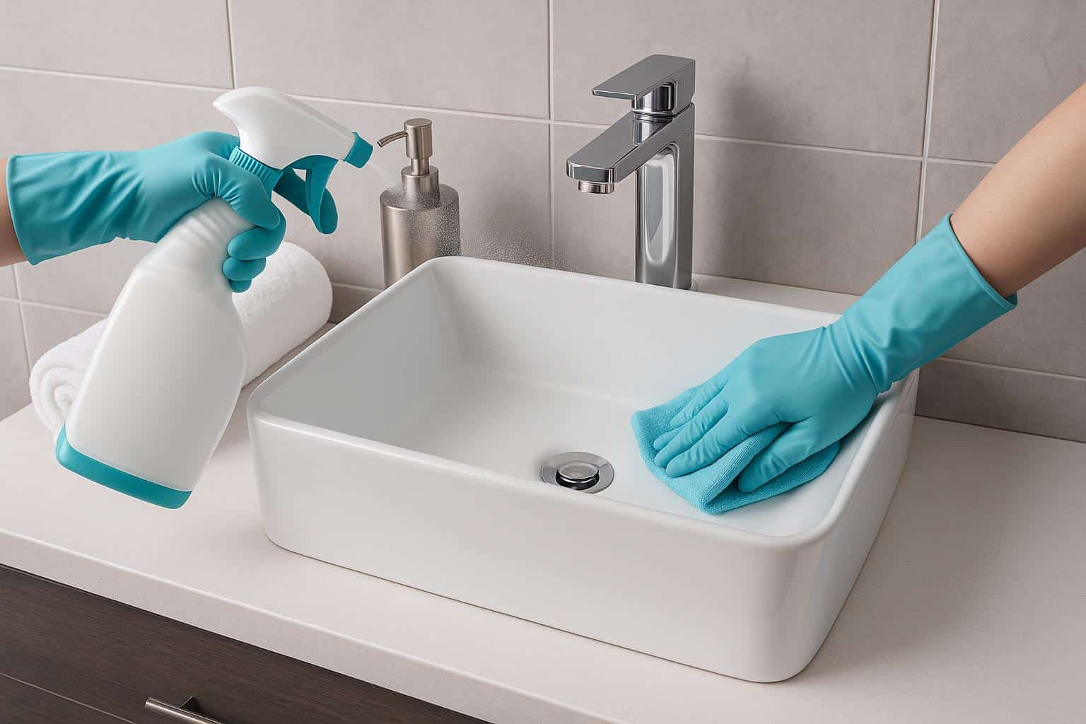 Modern bathroom with sparkling clean tiles and innovative cleaning products on countertop