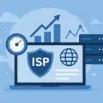 Server racks and digital network icons symbolizing ISP proxy services for business speed and reliability