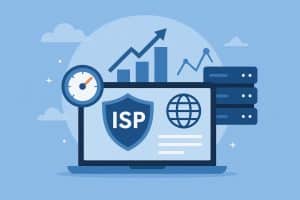 Server racks and digital network icons symbolizing ISP proxy services for business speed and reliability