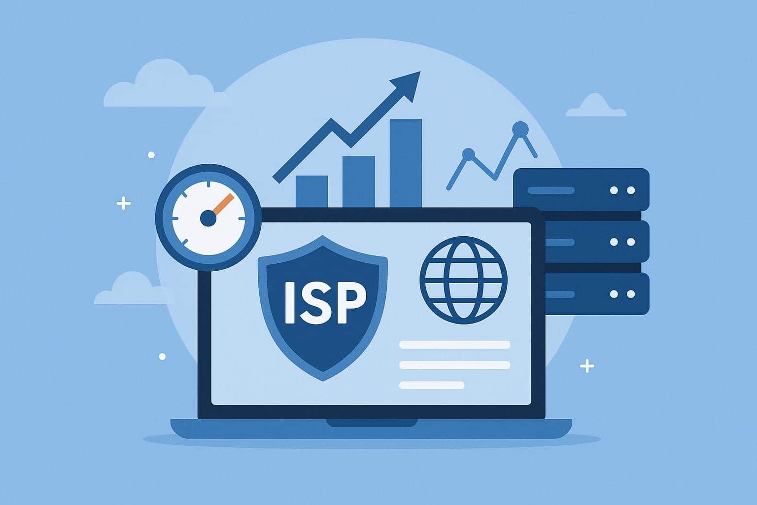 Server racks and digital network icons symbolizing ISP proxy services for business speed and reliability