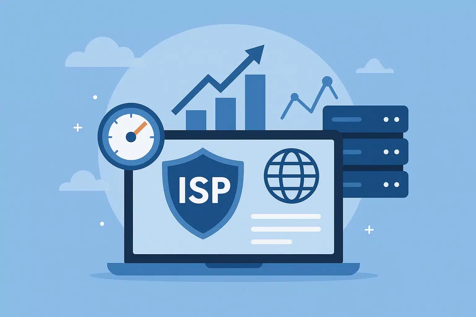 Server racks and digital network icons symbolizing ISP proxy services for business speed and reliability