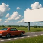 Colorful billboards along a busy summer highway, appealing to road trip travelers