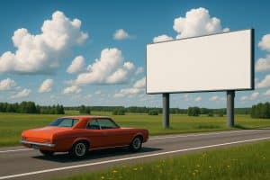 Colorful billboards along a busy summer highway, appealing to road trip travelers