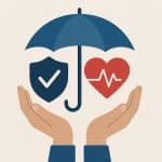 Life and health insurance policy documents with medical stethoscope and calculator on desk