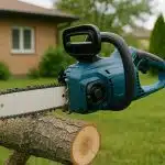 Electric chainsaw safely cutting wood in a residential backyard with minimal noise and emissions