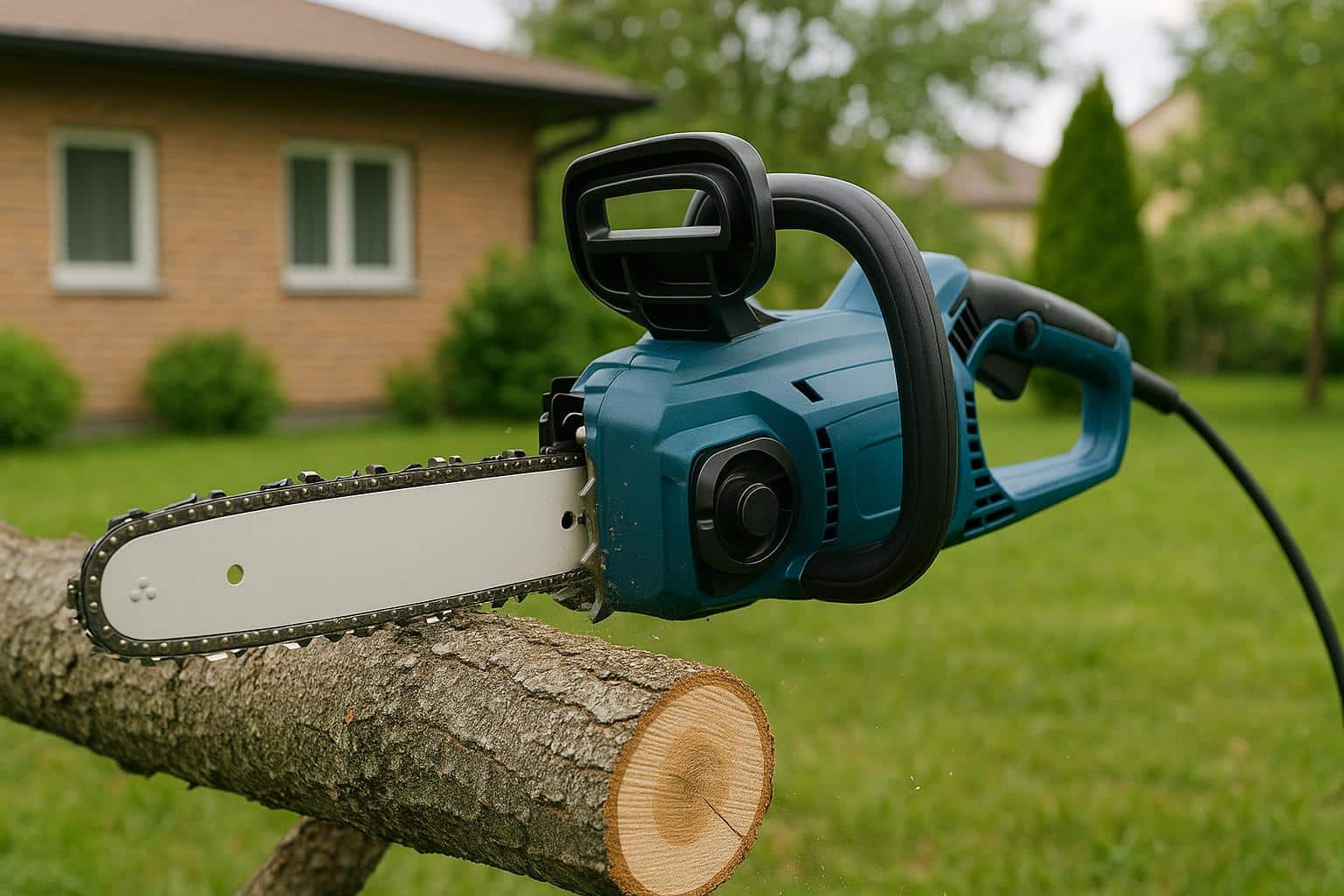 Electric chainsaw safely cutting wood in a residential backyard with minimal noise and emissions