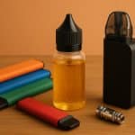 Bottled e-liquids and vape devices displayed on a table, highlighting switch from disposables