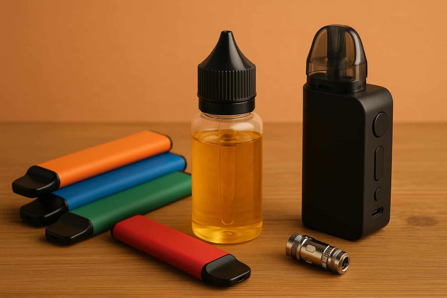 Bottled e-liquids and vape devices displayed on a table, highlighting switch from disposables