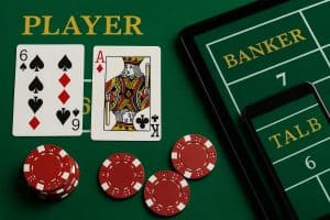 Stack of casino chips and baccarat cards on a green table symbolizing online baccarat strategy