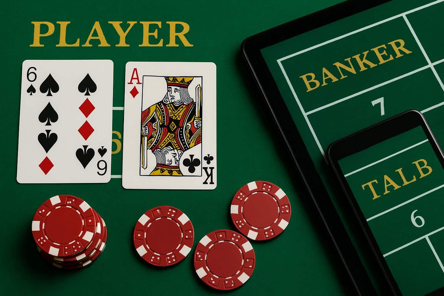 Stack of casino chips and baccarat cards on a green table symbolizing online baccarat strategy