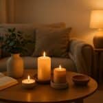 Cozy living room with soft lighting, candles, and plants creating a relaxing atmosphere