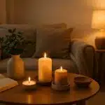 Cozy living room with soft lighting, candles, and plants creating a relaxing atmosphere