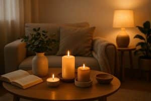 Cozy living room with soft lighting, candles, and plants creating a relaxing atmosphere