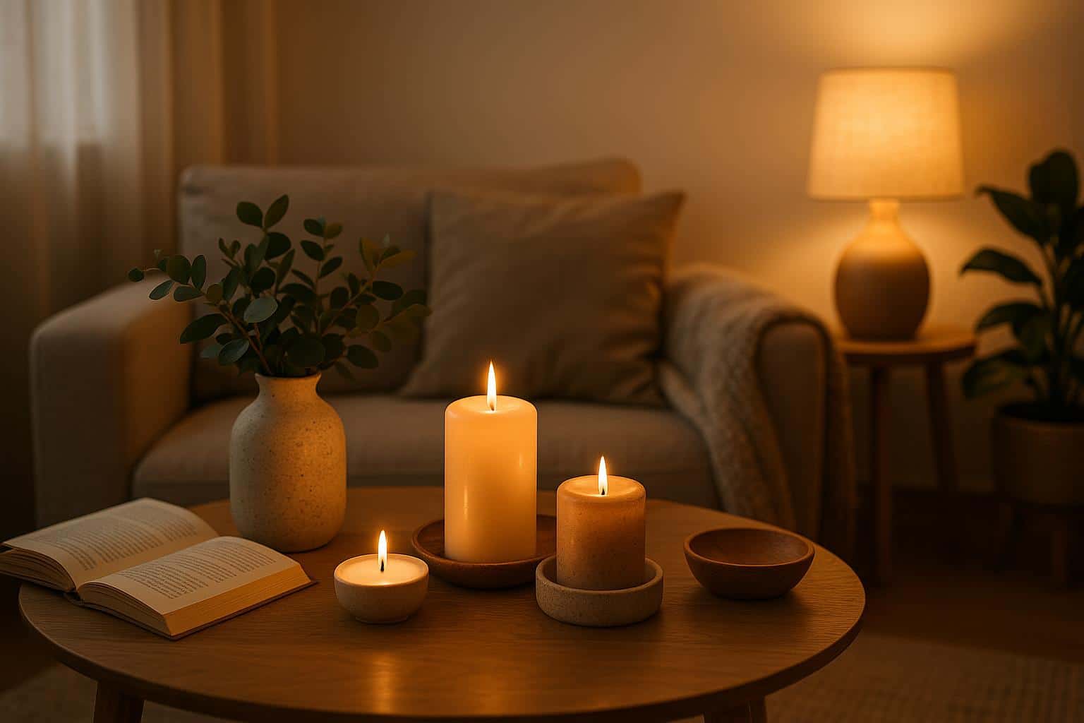 Cozy living room with soft lighting, candles, and plants creating a relaxing atmosphere