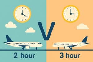 Airplane parked at airport gate illustrating flight delays of 2 hours and 3 hours comparison