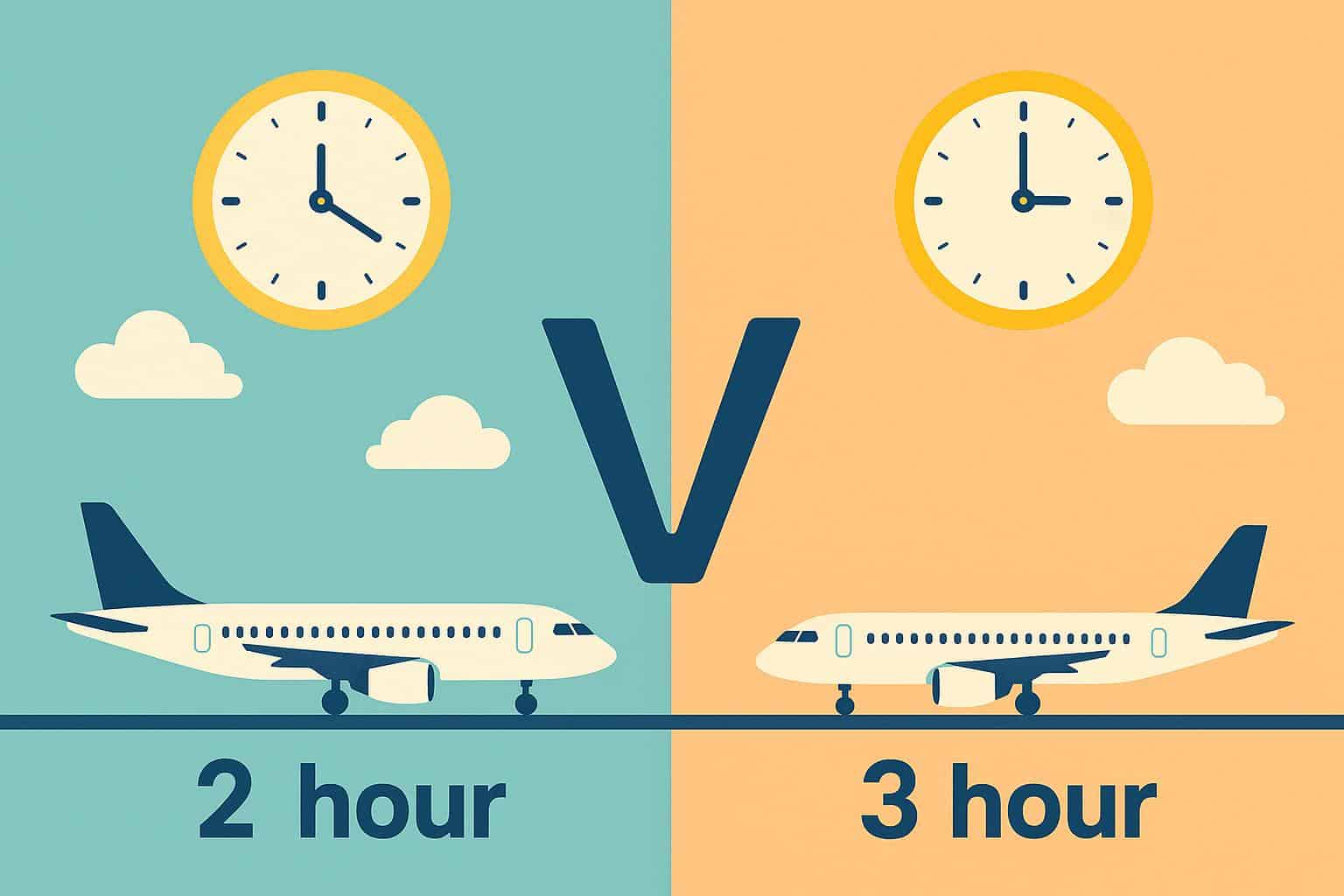Airplane parked at airport gate illustrating flight delays of 2 hours and 3 hours comparison