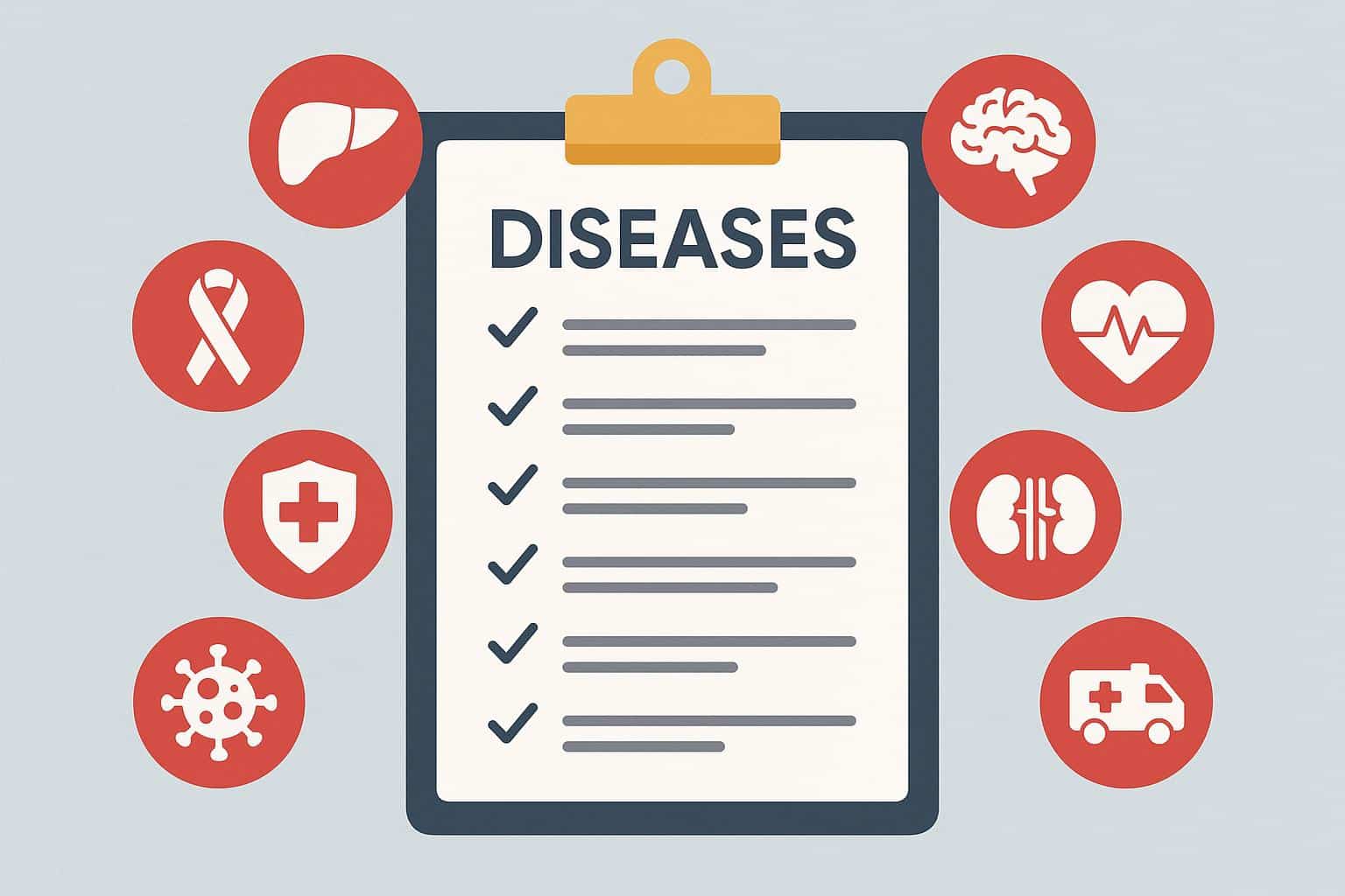 Critical illness insurance coverage concept with medical icons and disease-related graphics