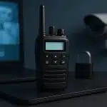 Two-way radios with digital displays used by security professionals for instant communication