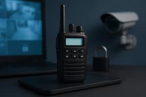 Two-way radios with digital displays used by security professionals for instant communication