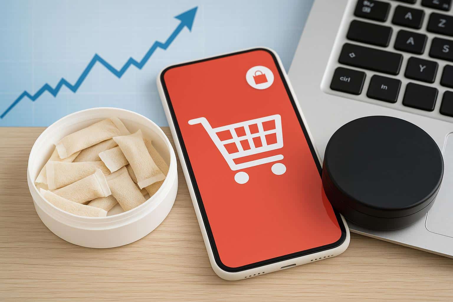 Nicotine pouches displayed with smartphones and digital shopping icons for online sales trends