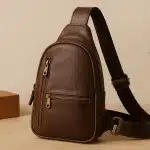 Brown leather sling bag on a wooden table with everyday essentials like phone, keys, and wallet