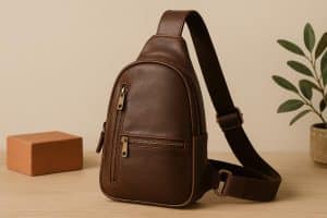 Brown leather sling bag on a wooden table with everyday essentials like phone, keys, and wallet