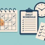 Daily planner with highlighted schedule, pen, and organized workspace for optimizing daily routine