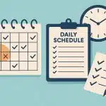 Daily planner with highlighted schedule, pen, and organized workspace for optimizing daily routine