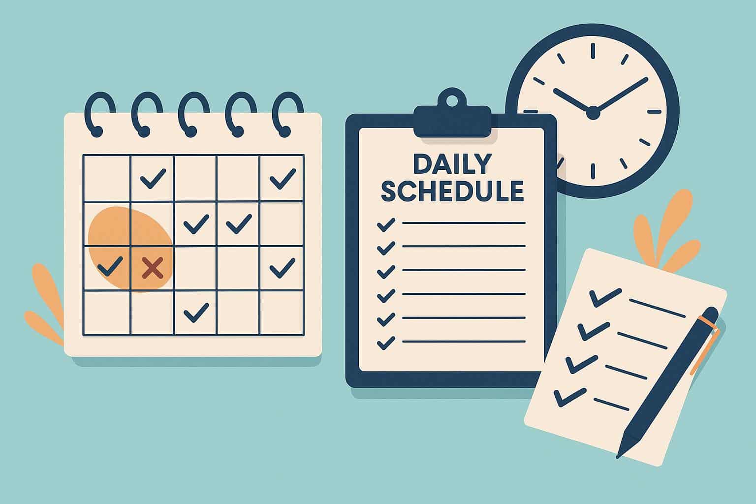 Daily planner with highlighted schedule, pen, and organized workspace for optimizing daily routine