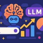 Abstract digital network with AI search icons and LLMboost logo highlighting brand visibility