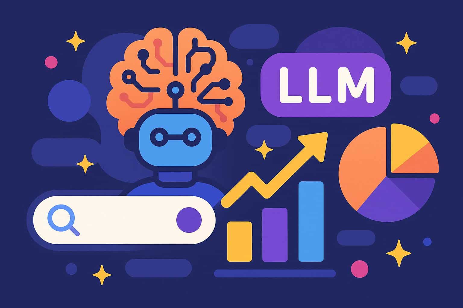 Abstract digital network with AI search icons and LLMboost logo highlighting brand visibility