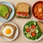 Assorted bread varieties paired with quick meal ingredients for convenient on-the-go meals