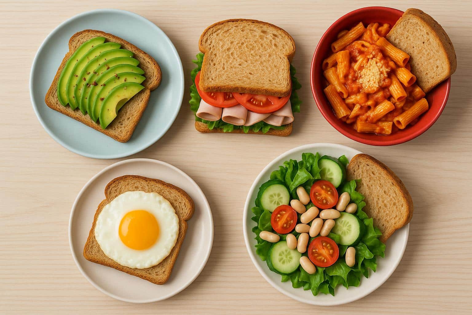 Assorted bread varieties paired with quick meal ingredients for convenient on-the-go meals