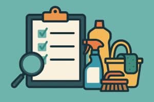 Professional cleaning team with supplies preparing to clean a modern, tidy living room.