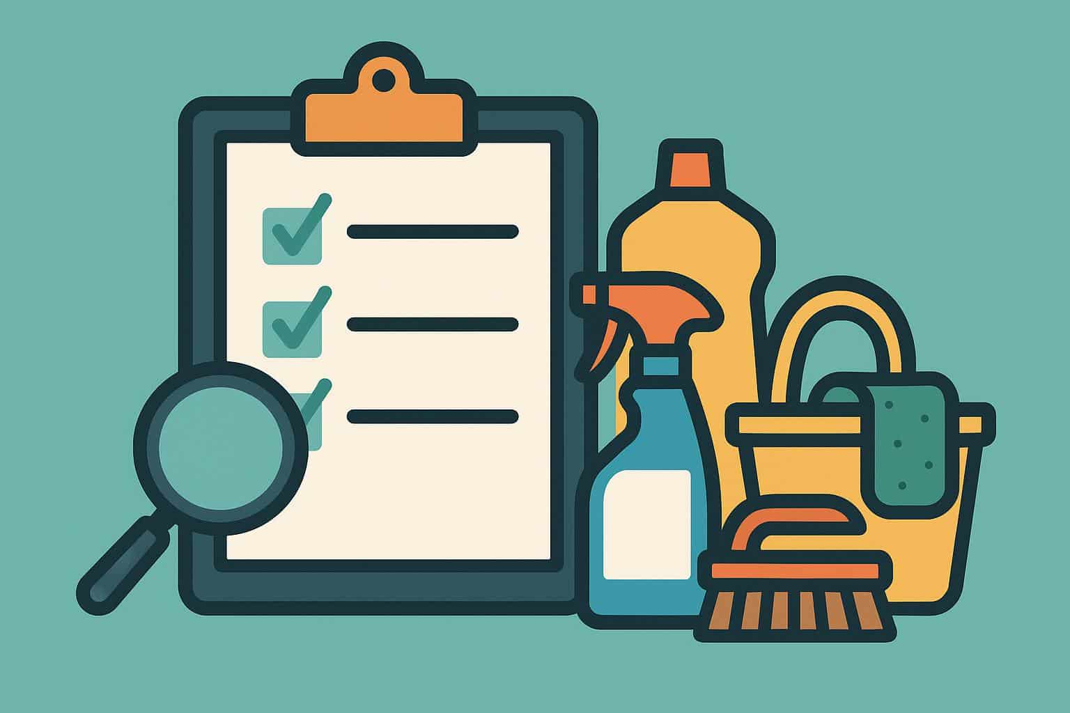 Professional cleaning team with supplies preparing to clean a modern, tidy living room.
