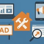 Digital marketing channels promoting home services with icons for ads, SEO, and social media