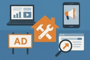 Digital marketing channels promoting home services with icons for ads, SEO, and social media