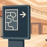 Modern shopping mall with clear directional signs and digital wayfinding displays for visitors