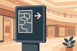 Modern shopping mall with clear directional signs and digital wayfinding displays for visitors