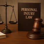 Gavel, legal documents, and scales of justice representing personal injury litigation principles